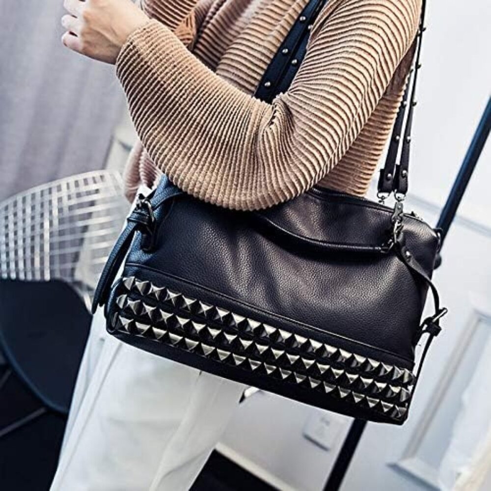 Punk Rivet Hobo Handbag for Women Large Crossbody Faux Leather Black Stylish Ret - Picture 2 of 6